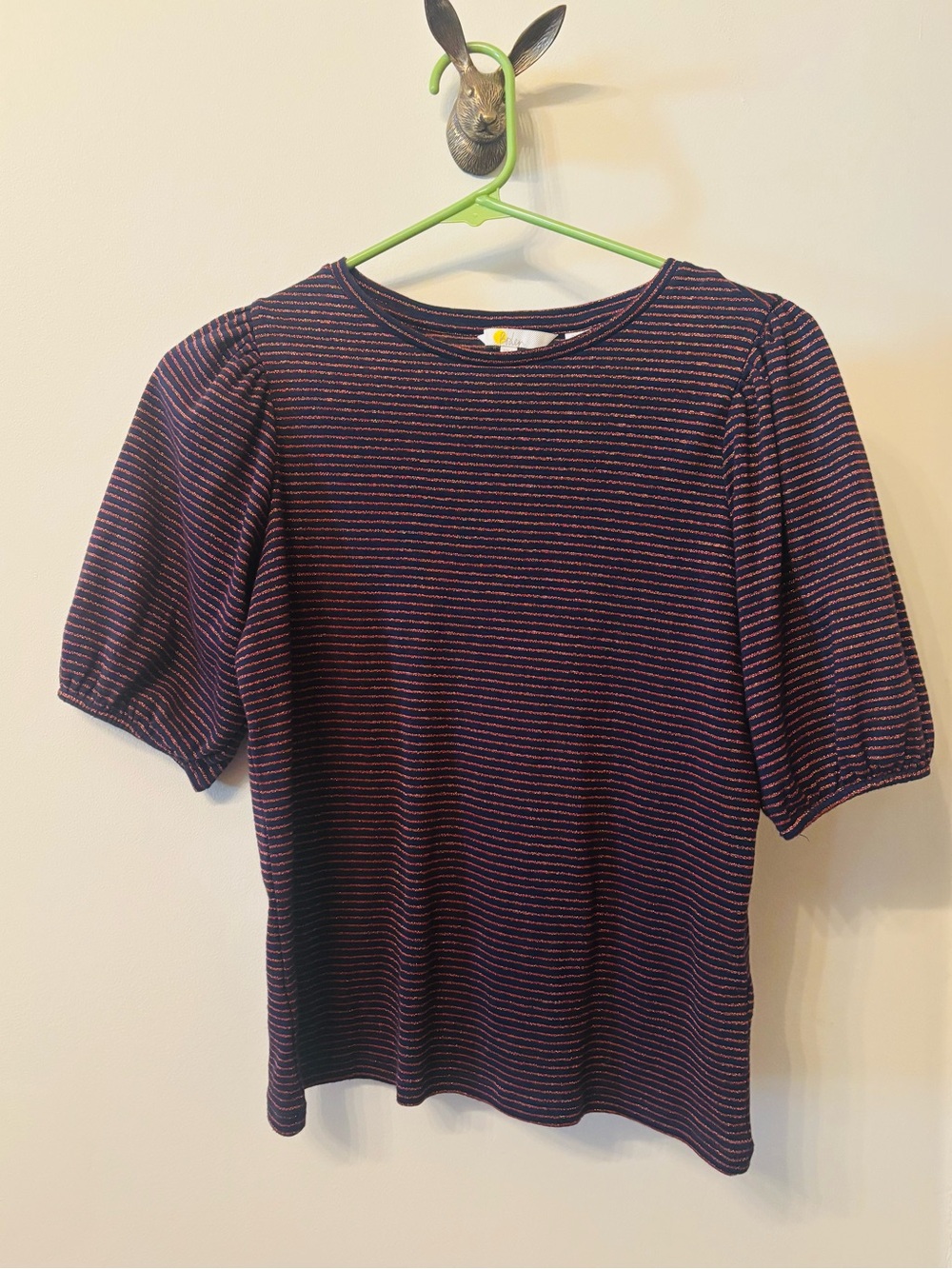 Boden women’s Puff-Sleeve Knit “sparkle top” in Navy and copper stripe